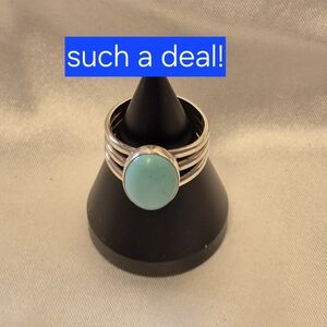 Sleek Sterling Silver & Turquoise Design.  Marked "Q.T. 925" NEW MEXICO Size 7.5